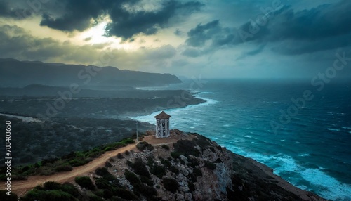 wonderful view of the sea and the mountains running along the sea with one of the watchtower of 5 fingers mauntains in northern cyprus