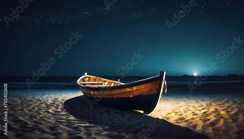 small wooden boat on the sand under a blue sky