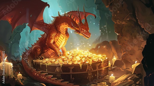 majestic dragon perched atop a treasure hoard in a candlelit cave digital painting photo