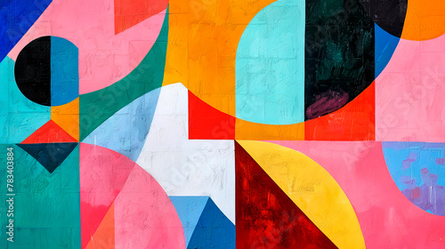Brightly colored geometric shapes and patterns in a modern abstract painting. Abstract artwork featuring bold colors and geometric shapes, evoking a sense of modernity and creativity.