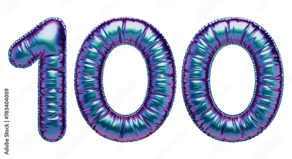 Hundred. Digit 100 in the shape of blue-green inflatable balloon. Holographic volumetric numbers isolated on a transparent background. For anniversaries, birthdays, sales. Hundred. Digit 100 in the shape of blue-green inflatable balloon. Holographic volumetric numbers isolated on a transparent background. For anniversaries, birthdays, sales.