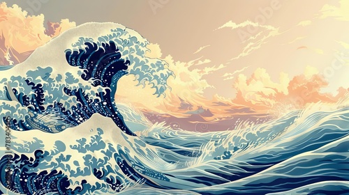 majestic great wave in stormy ocean japanesestyle illustration wallpaper photo