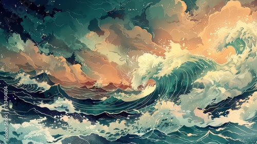 majestic great wave in stormy ocean japanesestyle illustration wallpaper photo