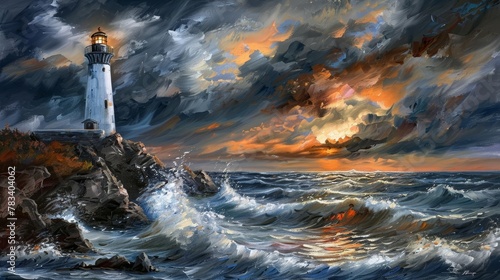majestic lighthouse on rocky cliff with crashing waves and stormy skies dramatic oil painting © Bijac