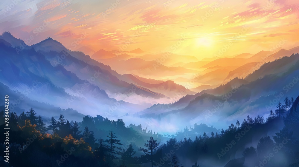 Obraz premium majestic sunrise over misty mountains breathtaking landscape digital painting natures splendor