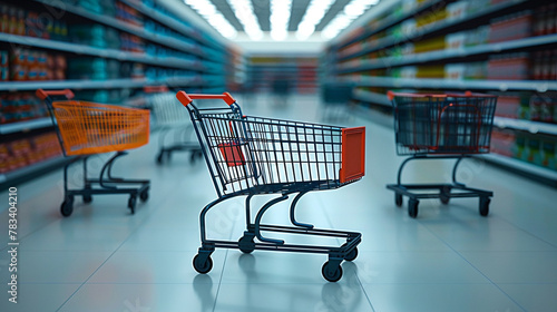 Chrome shopping cart in empty supermarket aisle, AI Generative.