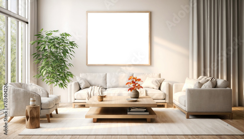 Interior of living room with sofa, coffee table and plant. 3d rendering