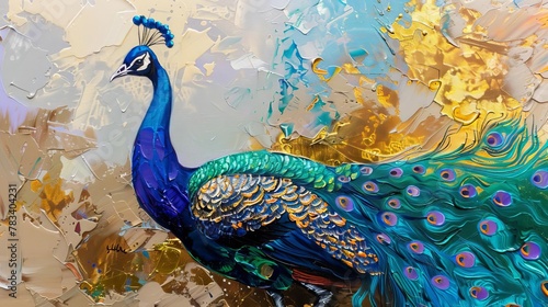 majestic peacock with luxurious golden accents on a textured abstract background modern oil painting