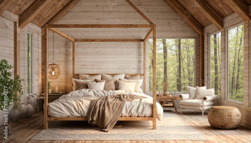 3d rendering of a wooden bedroom in a country house with a garden view