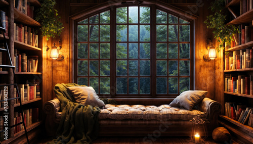 Interior of a cozy room with a large window and a bookcase. 3D rendering. © Graphic Dude