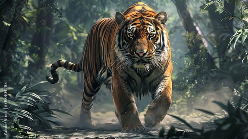 majestic tiger prowling in wild jungle realistic digital art illustration photo