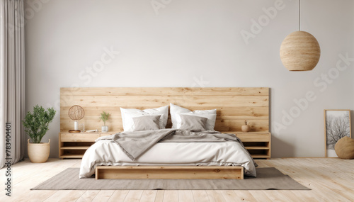 Fototapeta Naklejka Na Ścianę i Meble -  Modern bedroom interior design with wooden bed. 3d rendering mock up