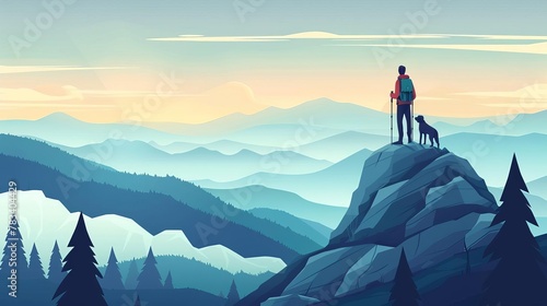 man and dog hiking in breathtaking mountain landscape outdoor adventure illustration