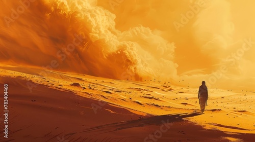 man walking alone through desert lonely and hostile environment digital illustration