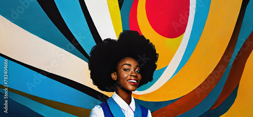 An artistic portrait of a confident, smiling woman of color with a bold, swirling, psychedelic pattern - an oil paint portrait of a black woman with an afro photo