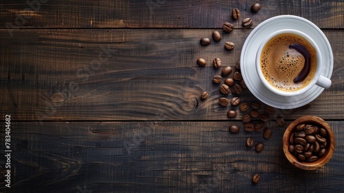 Black Coffee cup and coffee beans on wooden background Top view