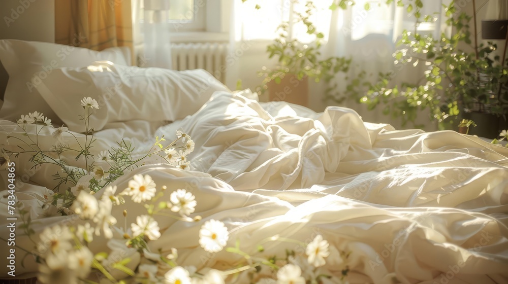 messy bed with white sheets and pillows bathed in warm morning sunlight decorated with fresh flowers capturing the essence of a lazy weekend lifestyle photography messy bed with white sheets and pillows bathed in warm morning sunlight decorated with fresh flowers capturing the essence of a lazy weekend lifestyle photography