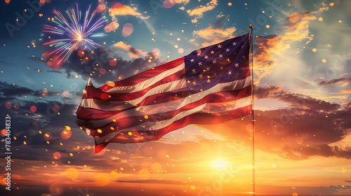 An American flag waving in the wind with fireworks lighting up the sky behind it. Holiday concept for 4th of July, President's Day, Independence Day, US National Day, Labor Day, Fourth of July photo