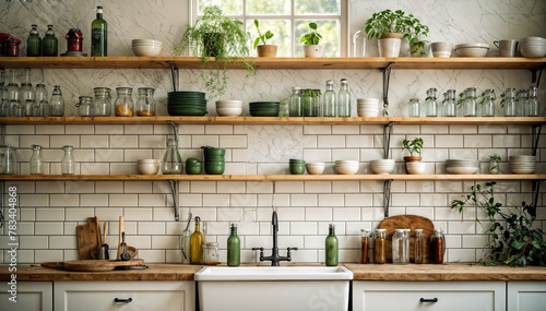 Interior of modern kitchen with white tiles and wooden countertop.