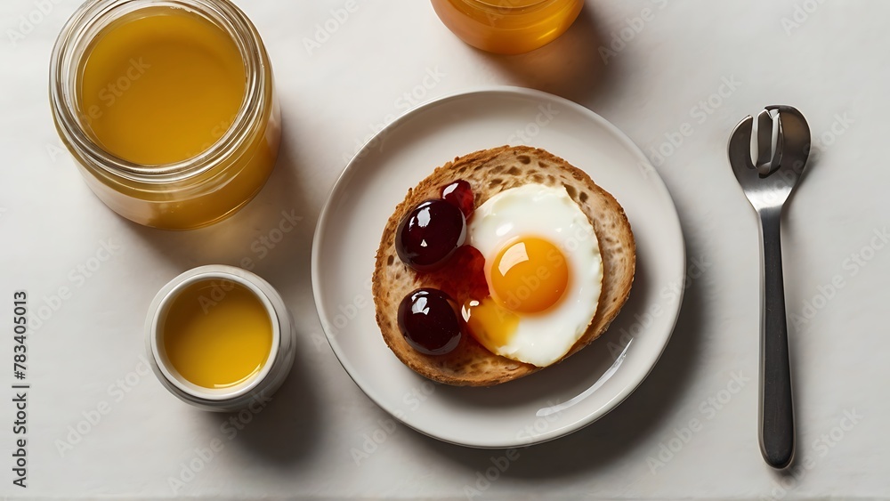 Breakfast Bliss: Savoring Egg, Bread, Jam, Butter, Milk, Glass, Knife, and Honey Breakfast Bliss: Savoring Egg, Bread, Jam, Butter, Milk, Glass, Knife, and Honey