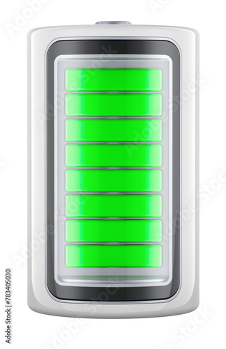 Fully Charged Battery, front view. 3D rendering isolated on transparent background