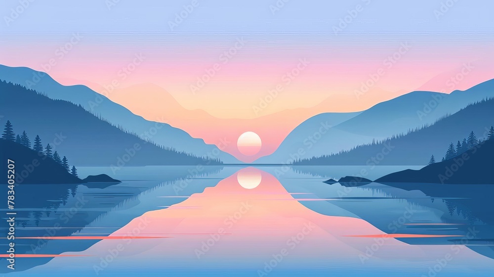 minimalistic flat vector illustration of peaceful sunrise over tranquil lake