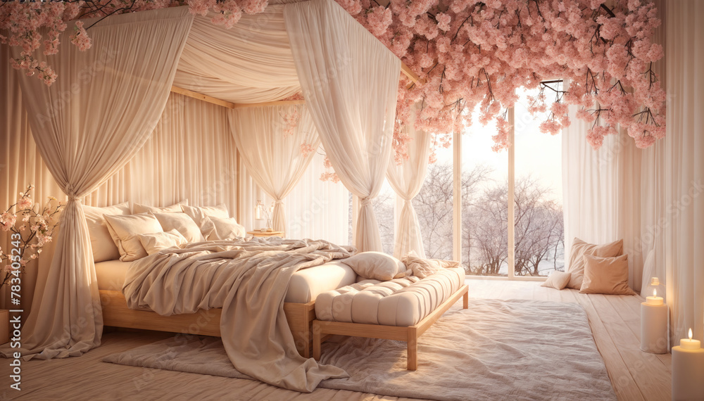 3d render of a luxury bedroom with pink cherry blossom sakura flowers