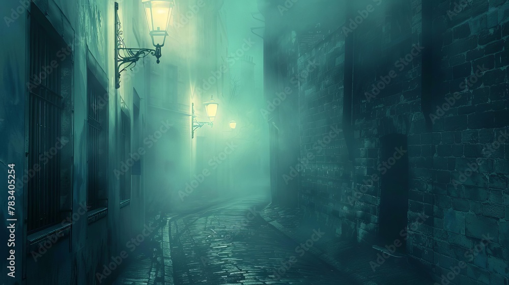 Obraz premium misty alley with lone streetlamp illuminating the path mysterious urban atmosphere concept illustration