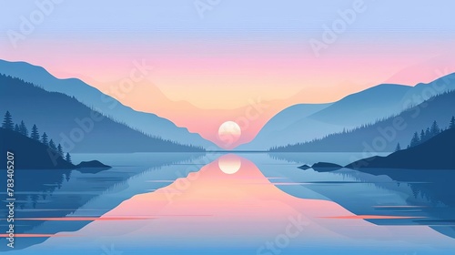 minimalistic flat vector illustration of peaceful sunrise over tranquil lake © Bijac