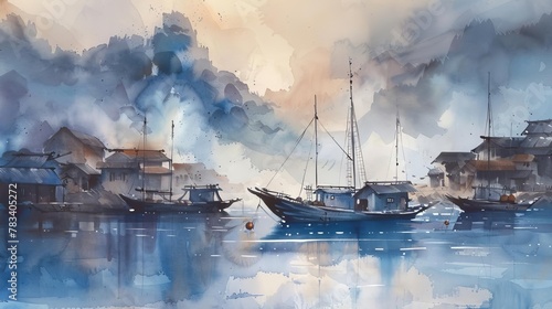 misty morning in coastal fishing village boats silhouettes watercolor painting