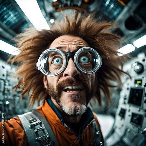 An excited eccentric bearded scientist with giant glasses and electrified hair on a space station photo