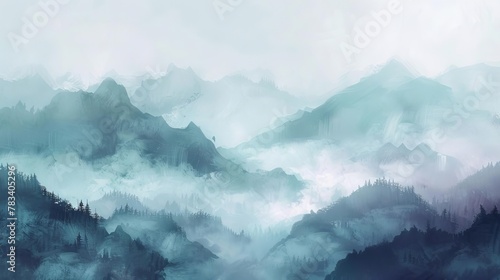 misty mountains shrouded in ethereal fog dreamy landscape vista muted pastel hues digital painting © Bijac
