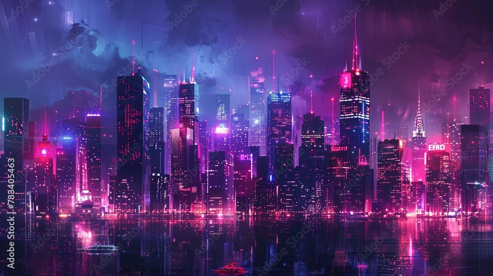 modern cyberpunk city skyline at night with neon lights and futuristic ...