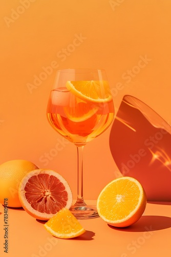 cocktail aperol spritz glass alcohol liquid reflection retro summer party poster orange background photo pop art flat lay style copy space