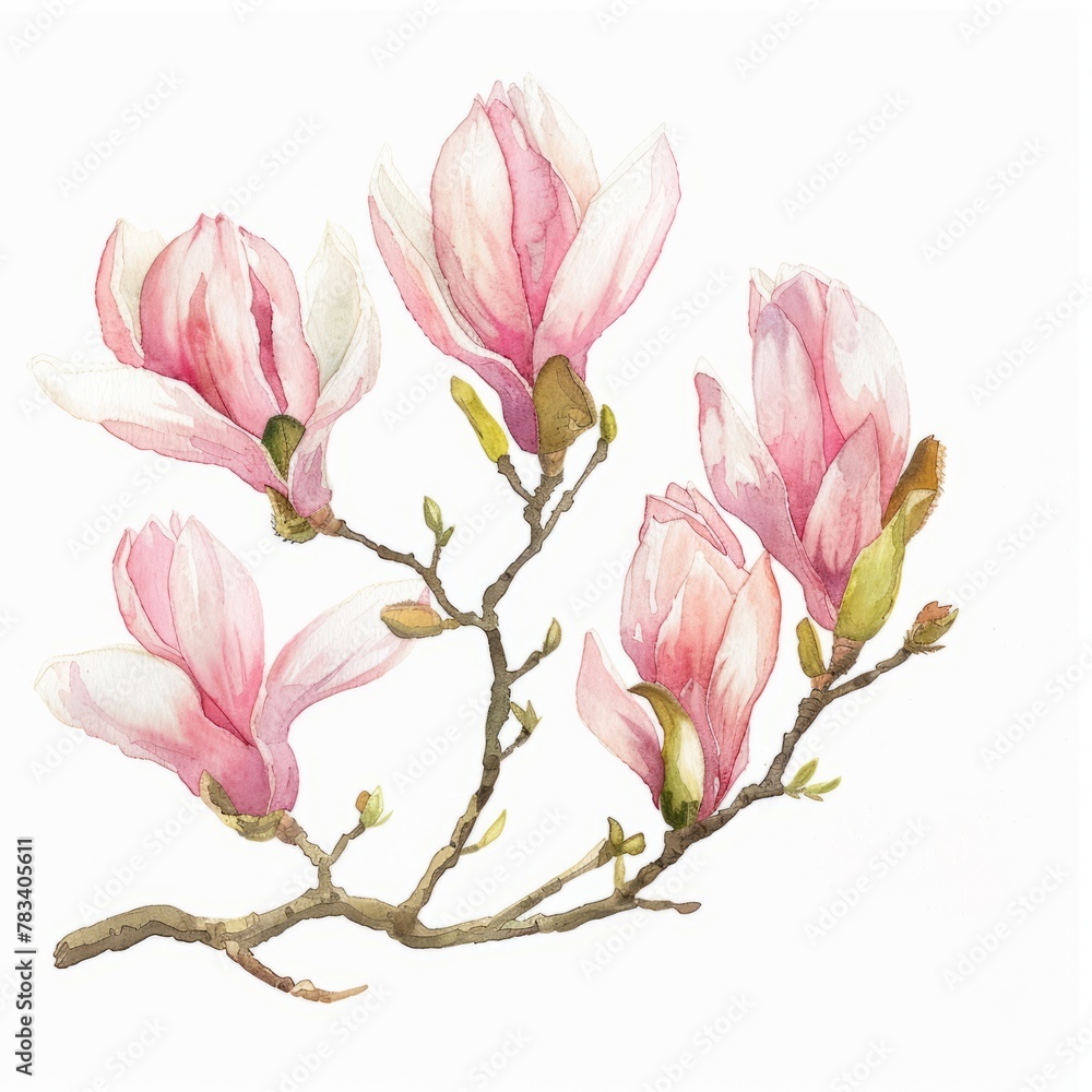 A watercolor painting of a delicate magnolia branch, capturing the essence of spring with its soft pink blooms. Isolated on white A watercolor painting of a delicate magnolia branch, capturing the essence of spring with its soft pink blooms. Isolated on white