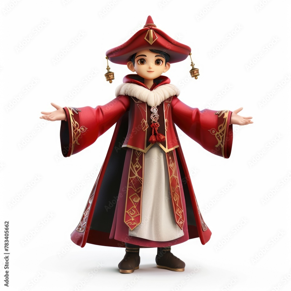 3d character. ancient asian scientist. magician. wizard. red robe. Revered person. China.