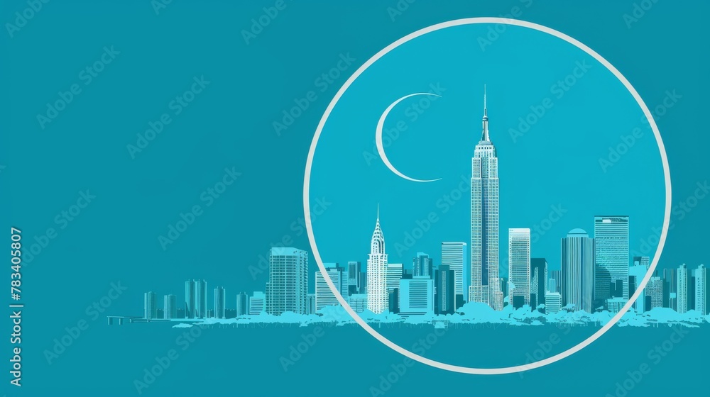 Minimalistic Circle Cut-out of New York City Skyline with Blue Background and Crescent Moon, Simplified Modern Urban Design Concept