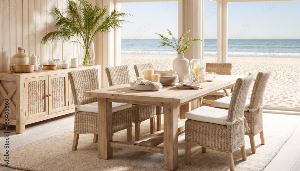 Dining room with table and chairs on the beach. 3d rendering