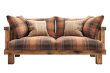 A wooden sofa with orange and white tartan pillows isolated on a white background