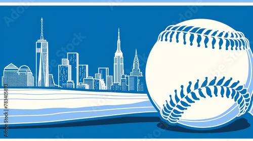 Bold Graphic Design with Baseball Seam Front and Center Against a New York City Skyline on Blue Background, Sports Meets City Life