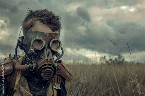 Post-apocalyptic survivor in gas mask, bleak landscape