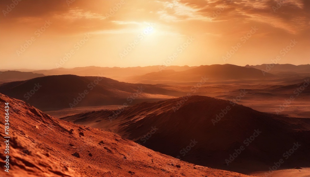sunset on mars dust obscured martian landscape 3d illustration
