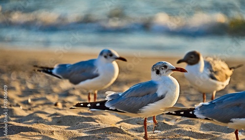 seagulls relaxing on a sandy beach during sunset