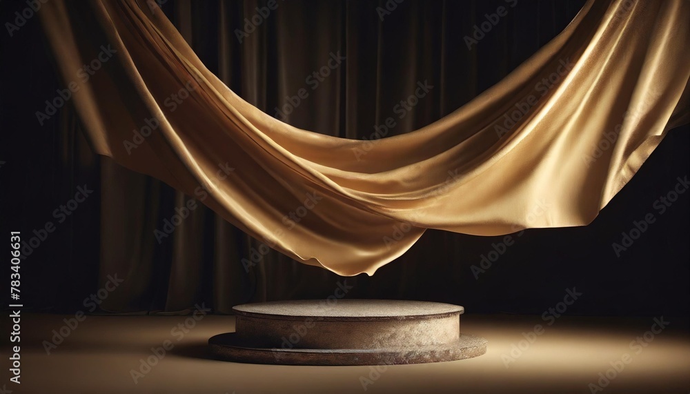 3d display podium beige background with pedestal and flying color silk cloth curtain