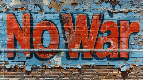 The words "No War" are written in large letters on an old wall, with cracked paint and peeling red text against a background of blue brick