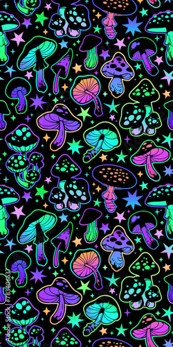 Seamless illustration of bright psychedelic mushrooms and stars