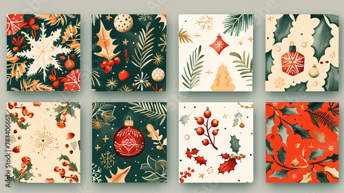 Ornate Merry Christmas greeting cards. Trendy square Winter Holidays art templates.