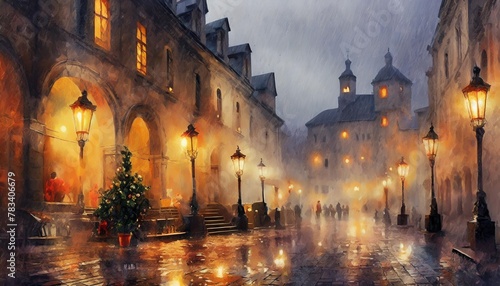 rainy evening in an old town foggy square with lighted lanterns watercolor painting