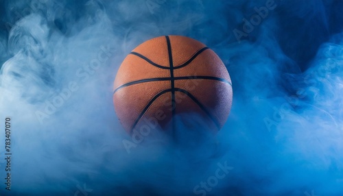 panorama banner with basketball ball in the center on a blue smoke background © Mac