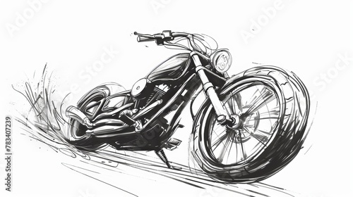 Cartoon pencil sketch of a large bike riding on a curve in a black and white, isolated background. photo